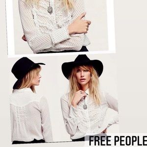 Free People sheer white w/ blk polka dot top